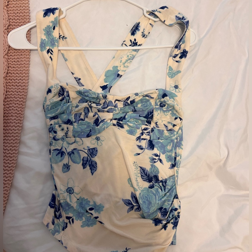 Free People cream and blue floral top